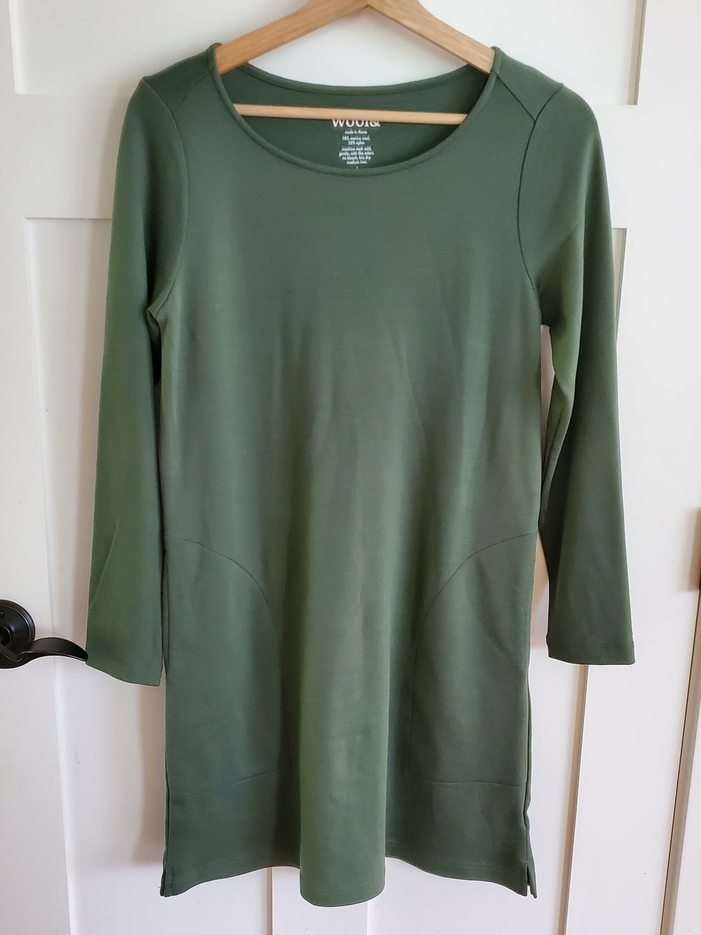 Wool& Olive Long Sleeve Scoop Neck Dress Merino Wool Womens S Pockets Breathable